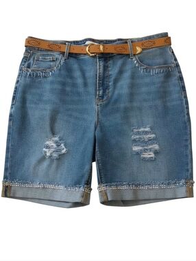 Old Navy Blue Distressed Denim Shorts with Tan Belt Sz 16